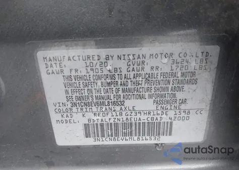 2021 Nissan Versa Sv Xtronic Cvt z USA, uszkodzony, nr VIN 3N1CN8EV6ML816532